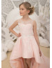 Ivory Lace High Low Pink Lining Flower Girl Dress